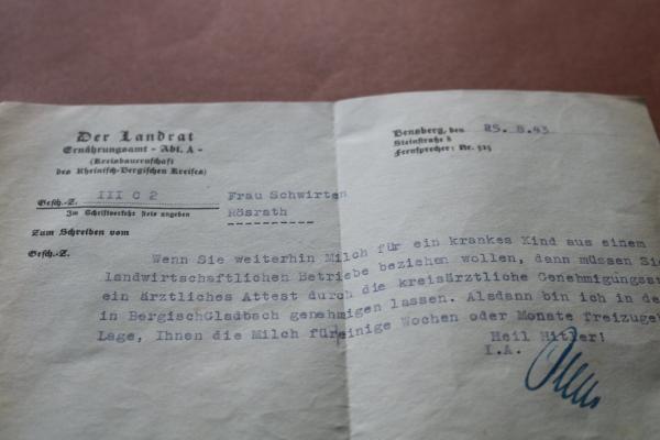 alter Brief mit Inhalt vom Reichsnährbund Kreisbauernschaft Bensberg